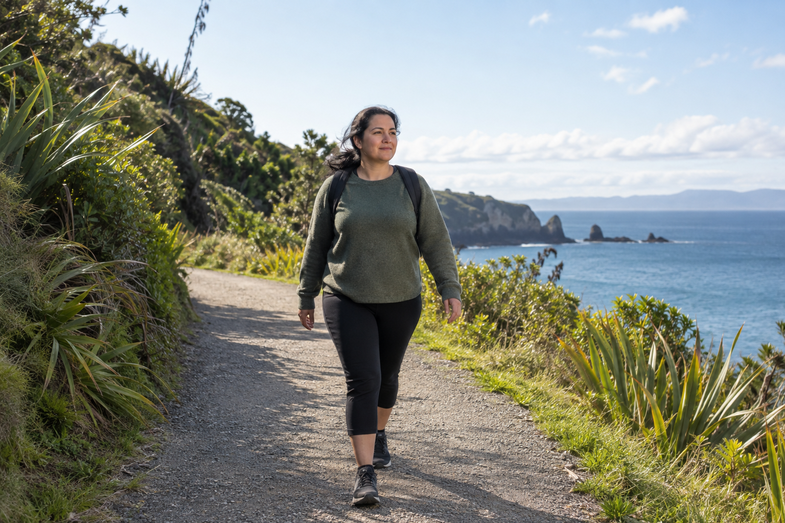 An adult walking on a coastal path beside native vegetation